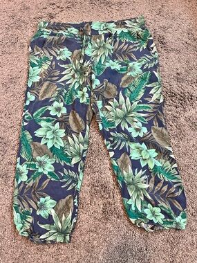 Tropical Print Elastic-Hem Lounge Pants - Green Floral